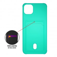 Capa para iPhone 13 Mini - Emborrachada Case Card Push Verde Água